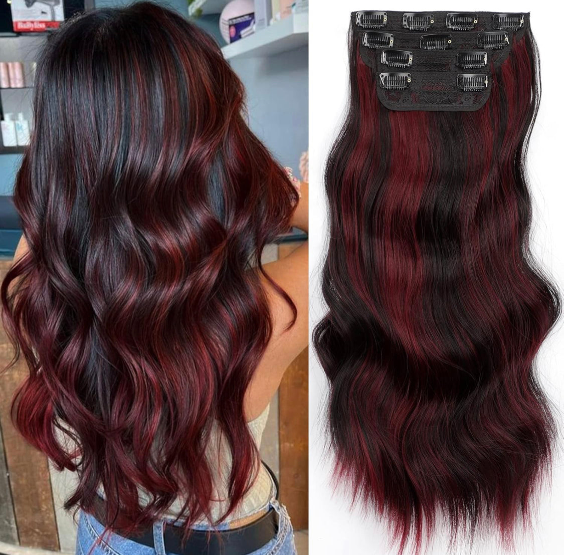 EXTENSIONES DE CLIP ONDULADAS Color - Black/Burgundy